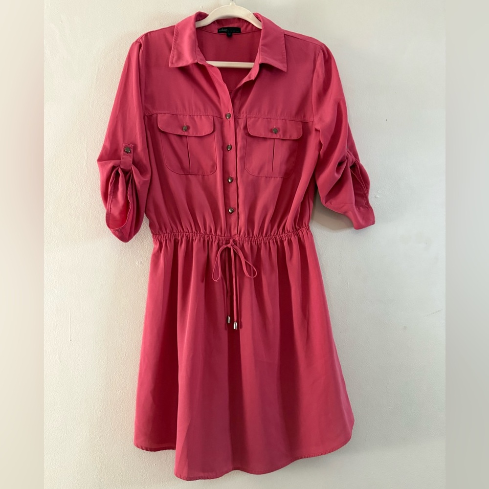 Bebop Pink Button Front Shirt Dress Drawstring Waist Roll Tab Sleeves - Size L - Picture 4 of 8